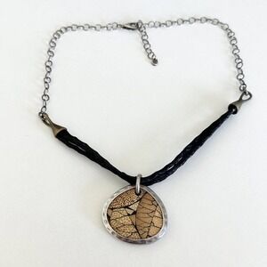 Silpada 925 Sterling Silver Black Leather Cord Bamboo Resin Pendant Necklace